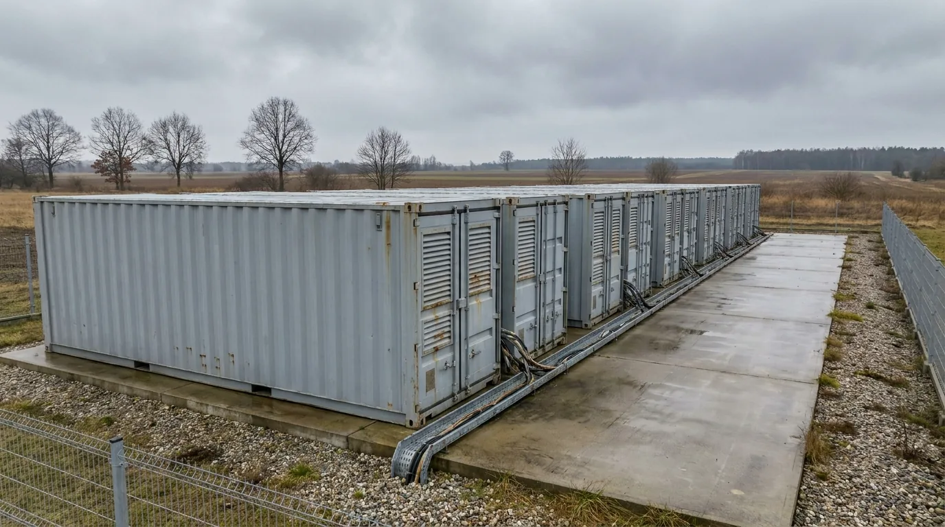Kontenerowy magazyn energii na betonowym placu, pochmurny dzień